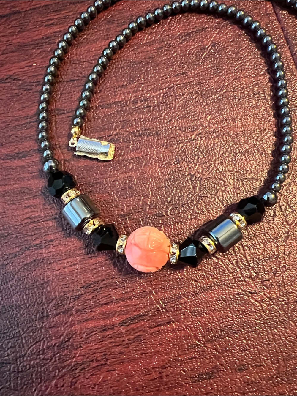Vintage StyleStatement Necklace Carved Peach Stone Black Beads Gold Tone Accents